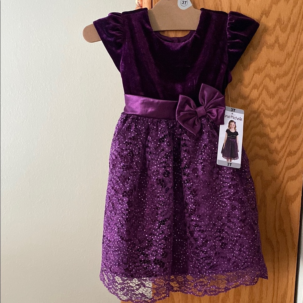 3T Girls Purple Velvet & Lace Party Dress with Bow